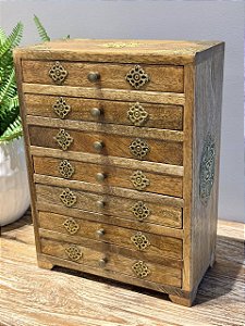 Mini Gaveteiro- Porta Joias - Madeira e Metal - Marrom e Dourado - 23X12X31CM