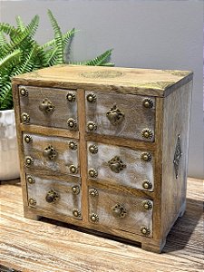 Mini Gaveteiro- Porta Joias - Madeira e Metal - Marrom e Dourado - 24X14X24CM
