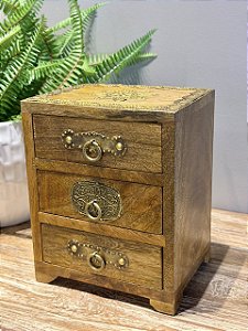 Mini Gaveteiro - Porta Joias - Madeira e Metal - Marrom e Dourado - 16X13X20CM