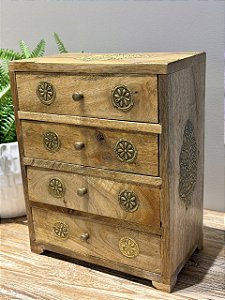 Mini Gaveteiro - Porta Joias - Madeira e Metal - Marrom e Dourado - 24X14X30CM