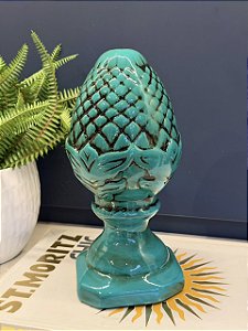 Escultura Pinha - Decorativa - Cerâmica - Turquesa - 28CM
