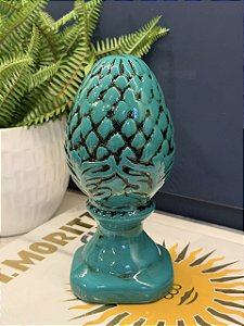 Escultura Pinha - Decorativa - Cerâmica - Turquesa - 22CM