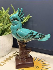 Escultura Cacatua - Decorativa - Cerâmica - Turquesa e Marrom
