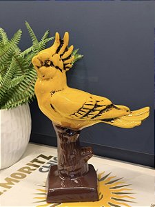 Escultura Cacatua - Decorativa - Cerâmica - Amarelo e Marrom