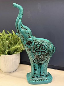 Escultura Elefante - Cerâmica - Turquesa e Preto