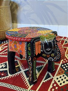 Banqueta - Elefante - Madeira - 20cm - Pintado à Mão - Preto e Colorido