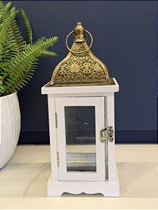Lanterna - Madeira e Metal - Branco e Dourado - 28CM