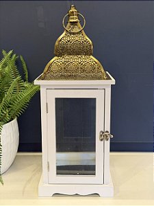Lanterna - Madeira e Metal - Branco e Dourado - 47CM