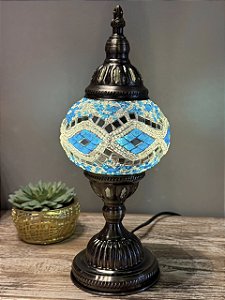 Luminária Turca Mosaico M - Azul e Branco