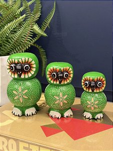 Trio Coruja - Madeira - Pintado á mão - Verde