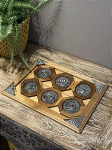 Kit Porta Copos - Madeira - Aplique em Metal - Marrom e Prata