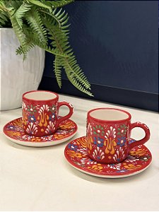 Xícara Turca - Pares - Cerâmica - Pintado à mão - Vermelho