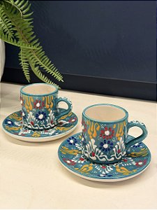 Xícara Turca - Pares - Cerâmica - Pintado à mão - Verde Água