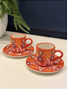 Xícara Turca - Pares - Cerâmica - Pintado à mão - Laranja
