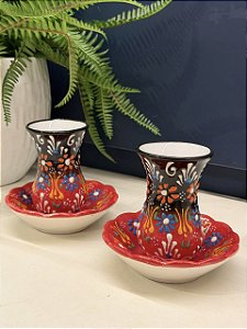 Copo Turco - Pares - Cerâmica - Pintado à mão - Vermelho, Marrom e Colorido
