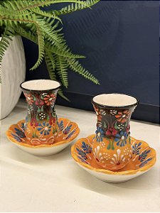 Copo Turco - Pares - Cerâmica - Pintado à mão - Amarelo, Marrom e Colorido