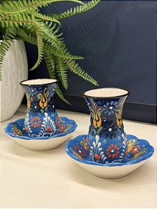Copo Turco - Pares - Cerâmica - Pintado à mão - Azul e Colorido