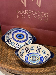 Par Petisqueiras Turcas - Tigela - Cerâmica - Pintado à mão - Azul, Branco e Amarelo