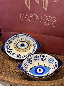 Par Petisqueiras Turcas - Tigela - Cerâmica - Pintado à mão - Azul, Branco e Amarelo