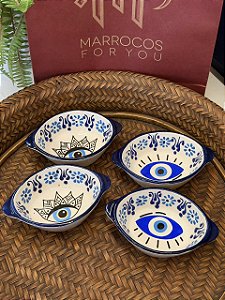 Kit 4 Petisqueiras Turcas - Tigela - Cerâmica - Pintado à mão - Azul, Branco e Amarelo