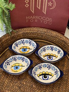 Kit 4 Petisqueiras Turcas - Tigela - Cerâmica - Pintado à mão - Azul, Branco e Amarelo