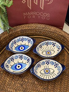 Kit 4 Petisqueiras Turcas - Tigela - Cerâmica - Pintado à mão - Azul, Branco e Amarelo