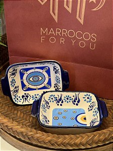 Par Petisqueiras Turcas - Tigela - Cerâmica - Pintado à mão - Azul, Branco e Amarelo