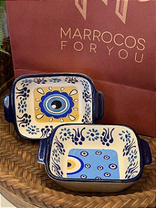 Par Petisqueiras Turcas - Tigela - Cerâmica - Pintado à mão - Azul, Branco e Amarelo