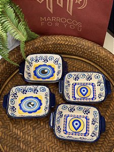 Kit 4 Petisqueiras Turcas - Tigela - Cerâmica - Pintado à mão - Azul, Branco e Amarelo