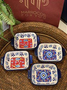 Kit 4 Petisqueiras Turcas - Tigela - Cerâmica - Pintado à mão - Azul, Branco e Colorido