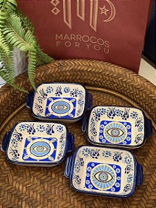 Kit 4 Petisqueiras Turcas - Tigela - Cerâmica - Pintado à mão - Azul, Branco e Amarelo