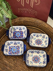 Kit 4 Petisqueiras Turcas - Tigela - Cerâmica - Pintado à mão - Azul, Branco e Colorido