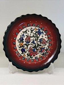 Prato de Parede Pequeno - Turquia - Decorativo - Cerâmica - Alto Relevo - Vermelho, Verde e Colorido