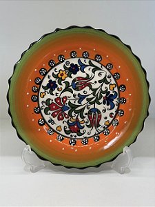 Prato de Parede Pequeno - Turquia - Decorativo - Cerâmica - Alto Relevo - Verde, Laranja e Colorido
