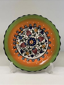 Prato de Parede Pequeno - Turquia - Decorativo - Cerâmica - Alto Relevo - Verde, Laranja e Colorido