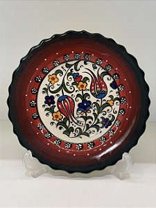Prato de Parede Pequeno - Turquia - Decorativo - Cerâmica - Alto Relevo - Vermelho, Verde e Colorido