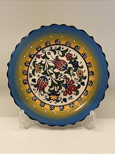 Prato de Parede Pequeno - Turquia - Decorativo - Cerâmica - Alto Relevo - Azul, Amarelo e Colorido