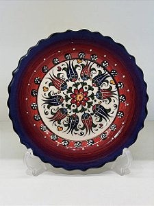 Prato de Parede Pequeno - Turquia - Decorativo - Cerâmica - Alto Relevo - Roxo, Vermelho e Colorido