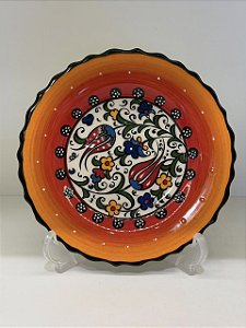 Prato de Parede Pequeno - Turquia - Decorativo - Cerâmica - Alto Relevo - Laranja e Colorido