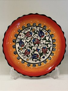 Prato de Parede Pequeno - Turquia - Decorativo - Cerâmica - Alto Relevo - Laranja e Colorido