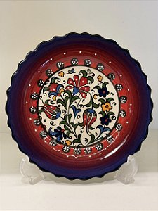 Prato de Parede Pequeno - Turquia - Decorativo - Cerâmica - Alto Relevo - Roxo, Vermelho e Colorido