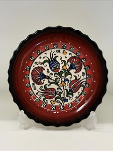 Prato de Parede Pequeno - Turquia - Decorativo - Cerâmica - Alto Relevo - Preto, Vermelho e Colorido