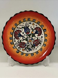 Prato de Parede Pequeno - Turquia - Decorativo - Cerâmica - Alto Relevo - Laranja e Colorido