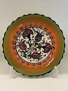 Prato de Parede Pequeno - Turquia - Decorativo - Cerâmica - Alto Relevo - Verde, Laranja e Colorido