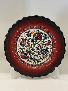 Prato de Parede Pequeno - Turquia - Decorativo - Cerâmica - Alto Relevo - Verde, Vermelho e Colorido