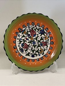 Prato de Parede Pequeno - Turquia - Decorativo - Cerâmica - Alto Relevo - Verde, Laranja e Colorido