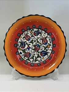 Prato de Parede Pequeno - Turquia - Decorativo - Cerâmica - Alto Relevo - Laranja e Colorido