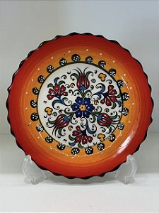 Prato de Parede Pequeno - Turquia - Decorativo - Cerâmica - Alto Relevo - Laranja e Colorido