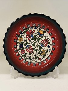 Prato de Parede Pequeno - Turquia - Decorativo - Cerâmica - Alto Relevo - Verde, Vermelho e Colorido