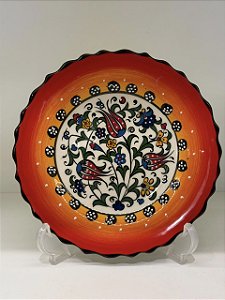 Prato de Parede Pequeno - Turquia - Decorativo - Cerâmica - Alto Relevo - Laranja e Colorido